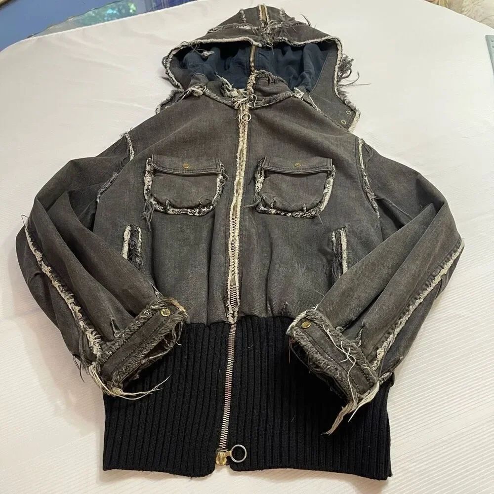 Stella McCartney Distressed Destroyed Denim Raw Seam Bomber Jacket Size 38